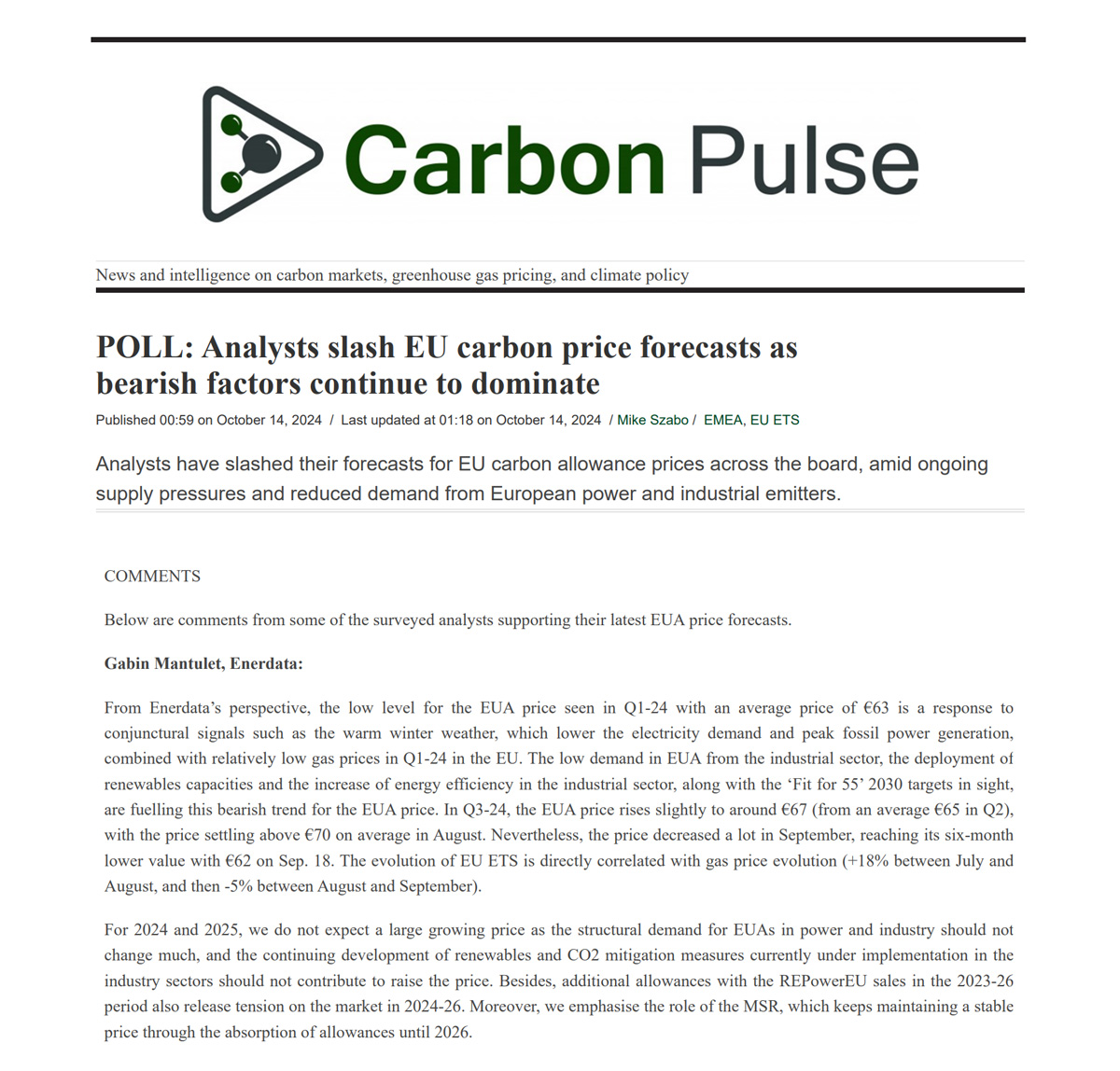 Analysts slash EU carbon price forecasts