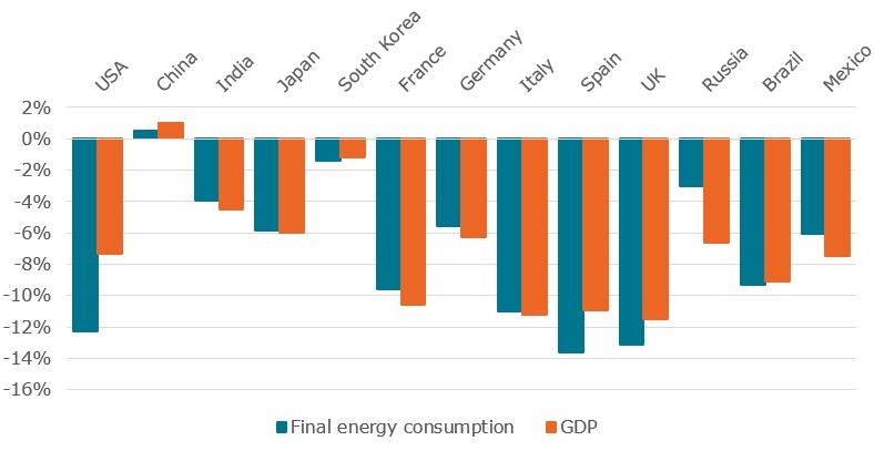 Estimated final energy consumption and GDP variations in 2020 in major G20 countries